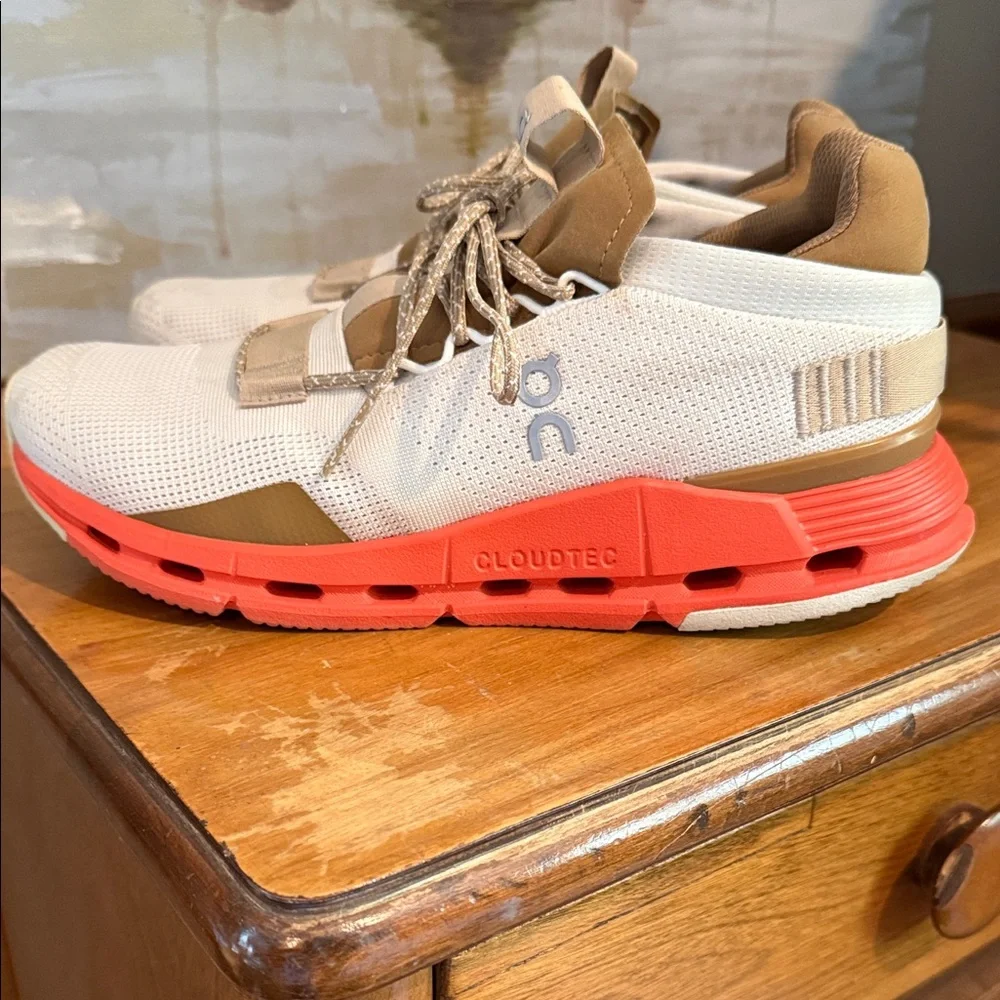 Lightweight Beige and Coral Women's Athletic Sneakers - Picture 2 of 4